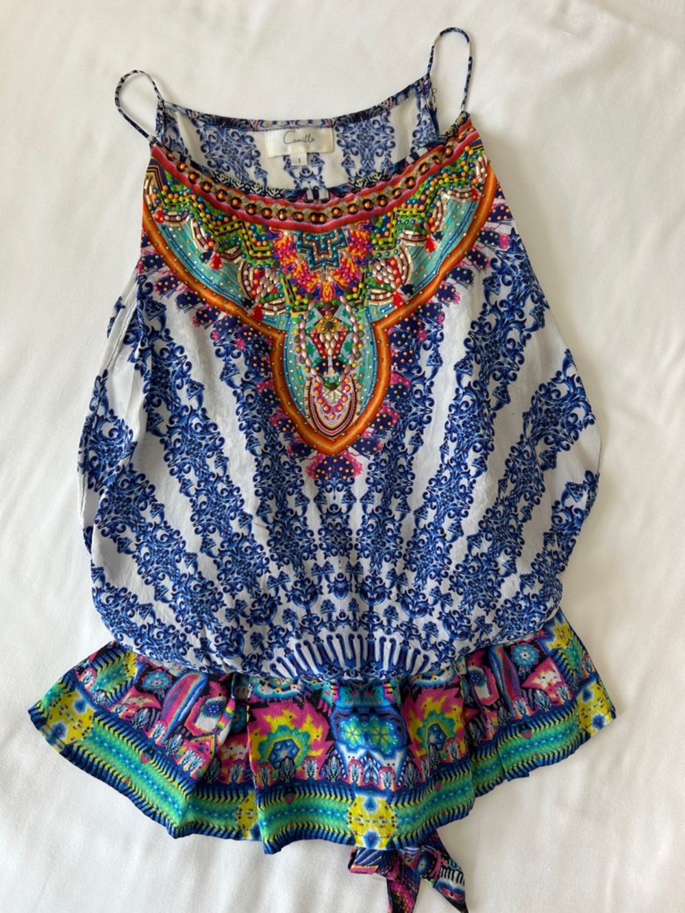 Camilla Blue, Orange & Multicolor Printed Spaghetti-Strap Silk Top 1